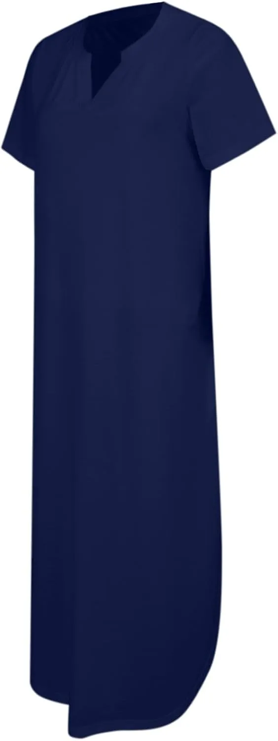 Women's Summer Casual Maxi Dress Short Sleeves V Neck Loose Split Long Beach Shirt Dresses Vacation with Pockets
