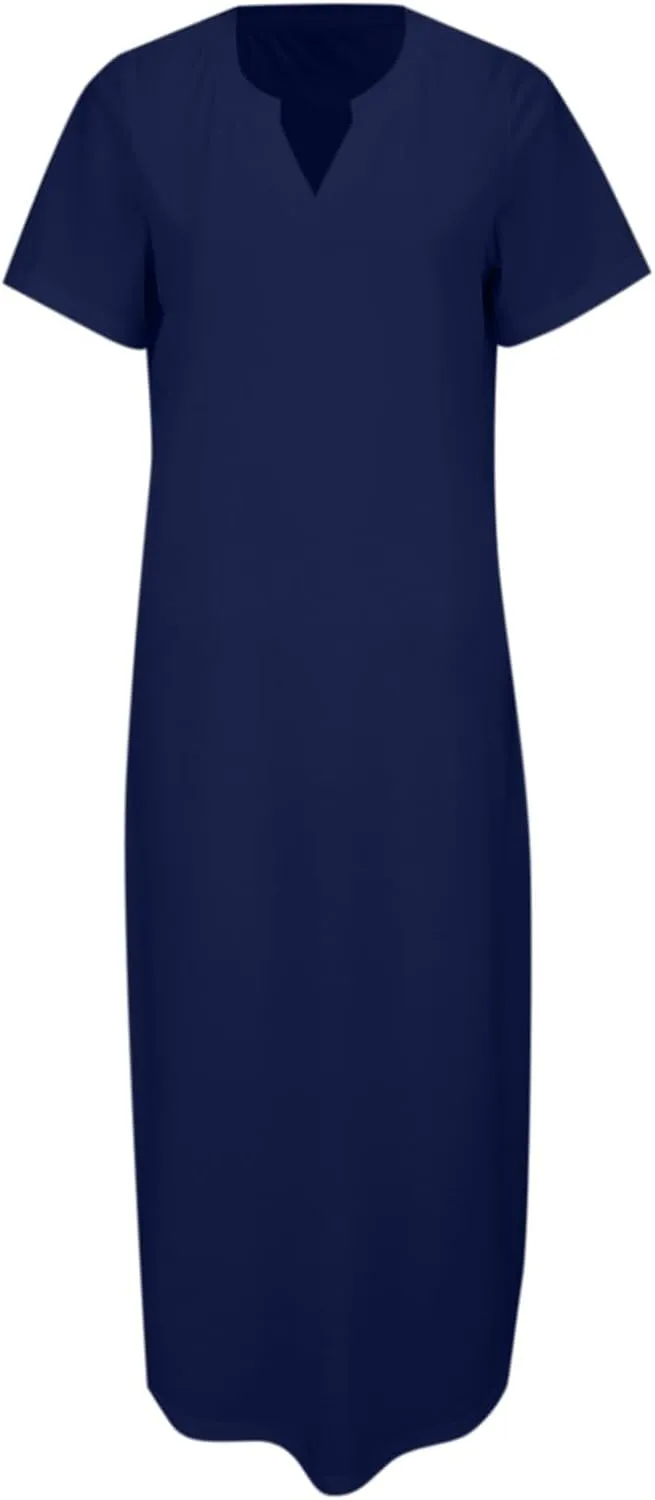 Women's Summer Casual Maxi Dress Short Sleeves V Neck Loose Split Long Beach Shirt Dresses Vacation with Pockets