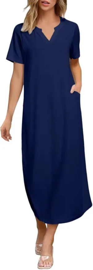Women's Summer Casual Maxi Dress Short Sleeves V Neck Loose Split Long Beach Shirt Dresses Vacation with Pockets