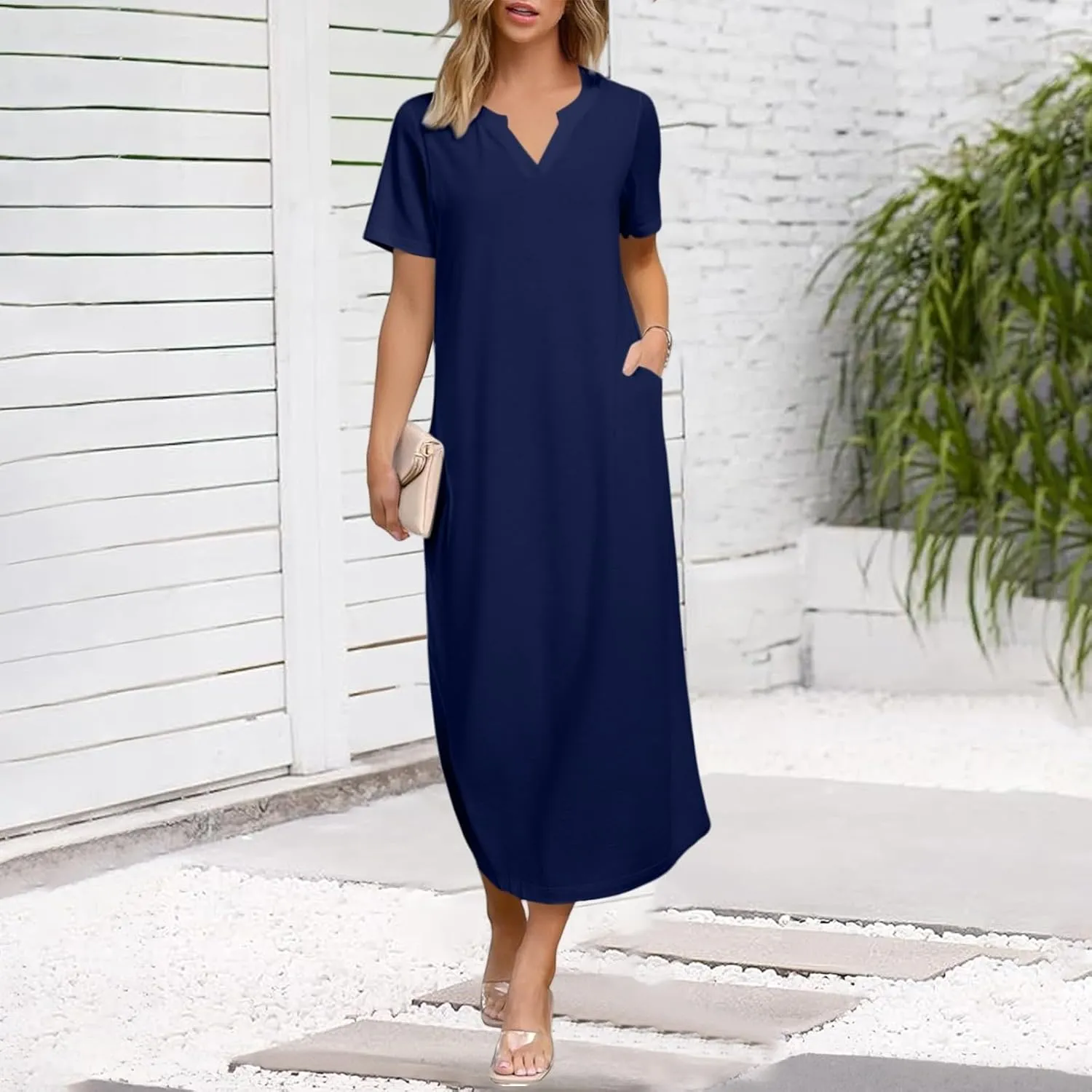 Women's Summer Casual Maxi Dress Short Sleeves V Neck Loose Split Long Beach Shirt Dresses Vacation with Pockets