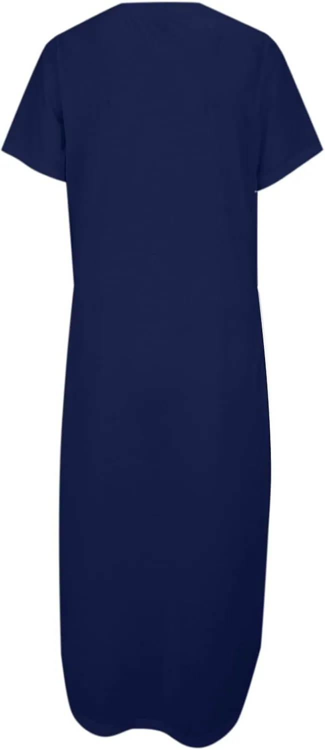 Women's Summer Casual Maxi Dress Short Sleeves V Neck Loose Split Long Beach Shirt Dresses Vacation with Pockets