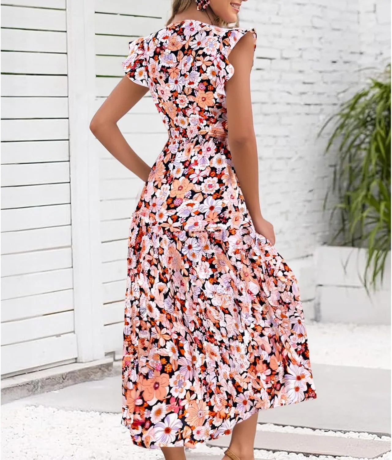 Womens Summer Dress Bohemian Smocked Cap Sleeve V-Neck Floral Y2K Aline Flowy Pleated Sundress,S-2XL