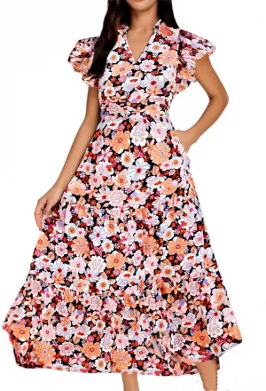 Womens Summer Dress Bohemian Smocked Cap Sleeve V-Neck Floral Y2K Aline Flowy Pleated Sundress,S-2XL