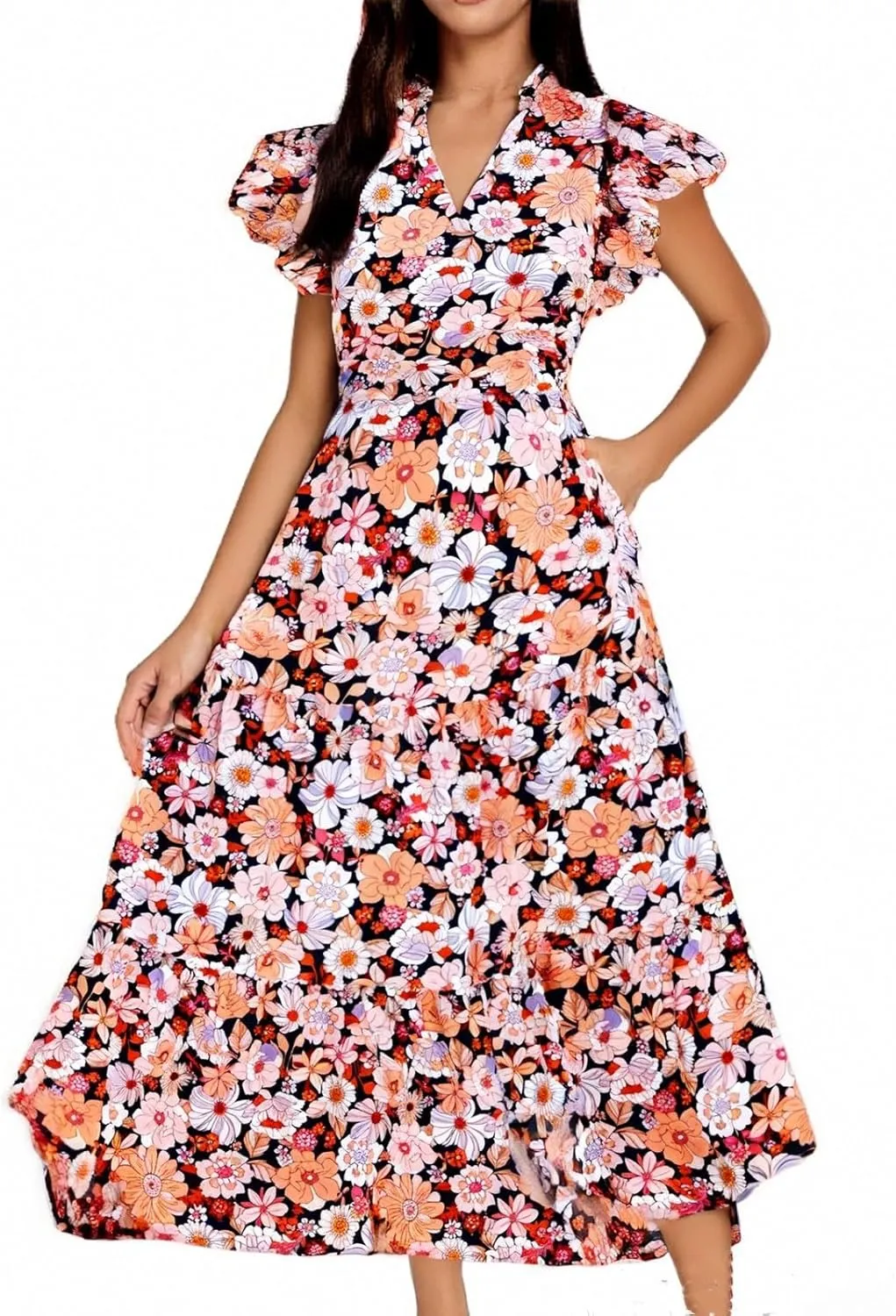 Womens Summer Dress Bohemian Smocked Cap Sleeve V-Neck Floral Y2K Aline Flowy Pleated Sundress,S-2XL