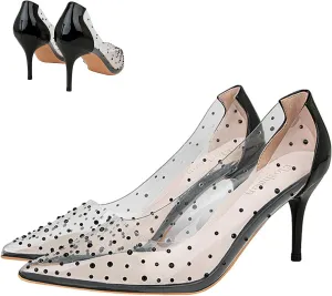Women's Transparent Rhinestone Stiletto Pumps Sexy Pointed Toe Slip On Business Office Non-Slip Dress Shoes for Party Prom Wedding
