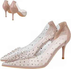 Women's Transparent Rhinestone Stiletto Pumps Sexy Pointed Toe Slip On Business Office Non-Slip Dress Shoes for Party Prom Wedding