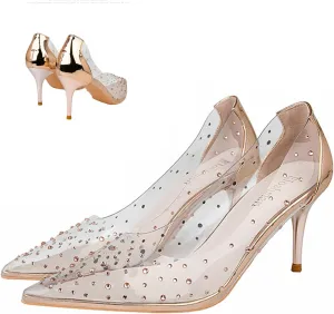 Women's Transparent Rhinestone Stiletto Pumps Sexy Pointed Toe Slip On Business Office Non-Slip Dress Shoes for Party Prom Wedding