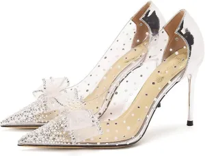 Women's Transparent Rhinestone Stiletto Pumps Sexy Pointed Toe Slip On Business Office Non-Slip Dress Shoes for Party Prom Wedding