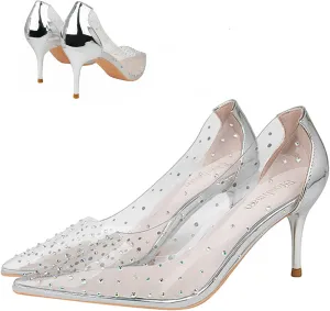 Women's Transparent Rhinestone Stiletto Pumps Sexy Pointed Toe Slip On Business Office Non-Slip Dress Shoes for Party Prom Wedding