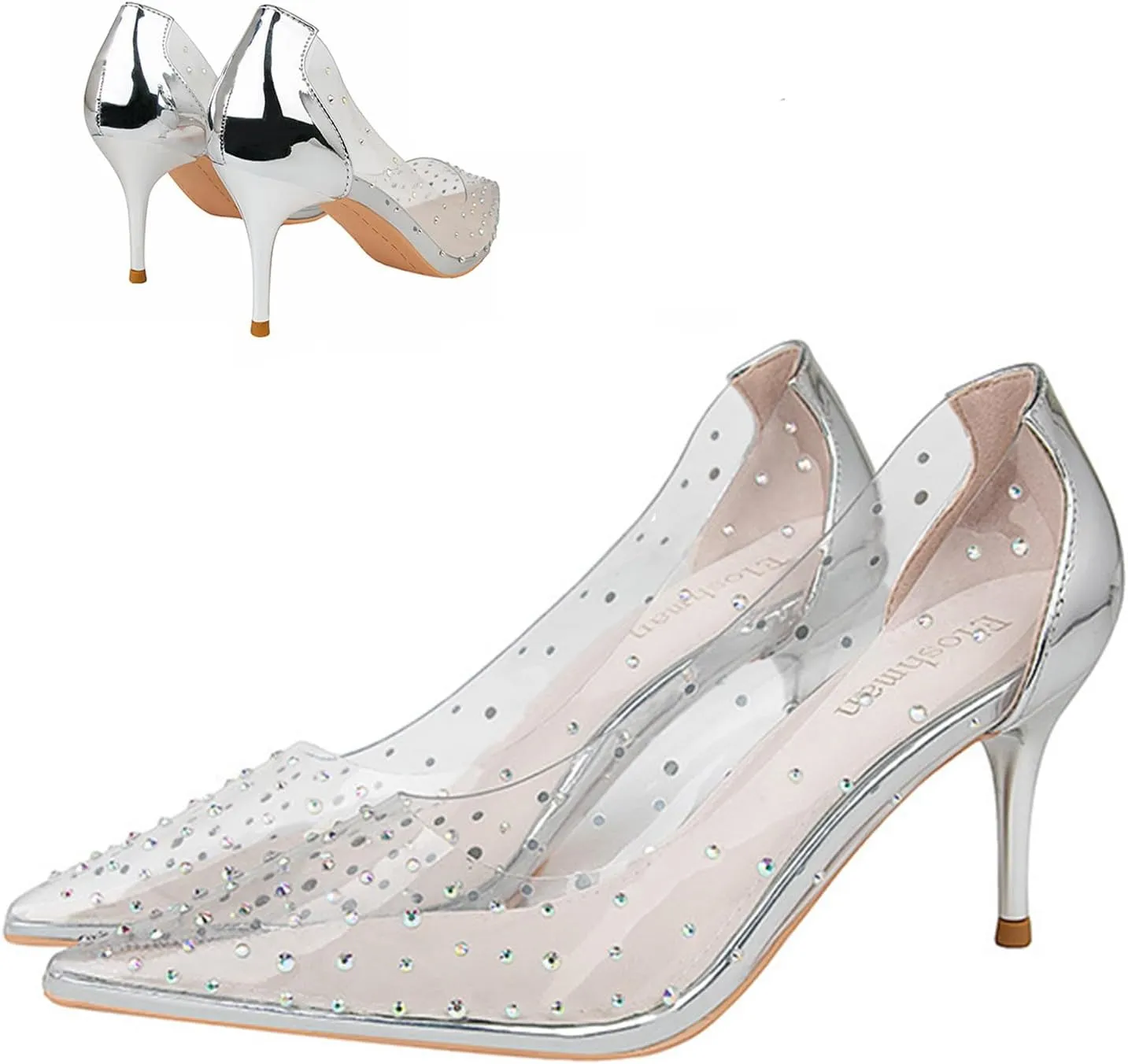 Women's Transparent Rhinestone Stiletto Pumps Sexy Pointed Toe Slip On Business Office Non-Slip Dress Shoes for Party Prom Wedding