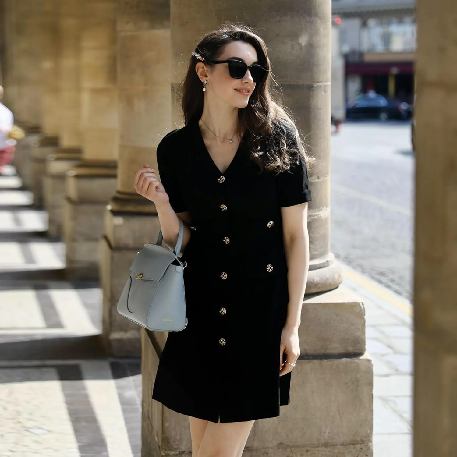 Women's Triacetate Mini Dress Summer Business Casual A Line V-Neck Button Dresses for Wedding Guest Teacher Work