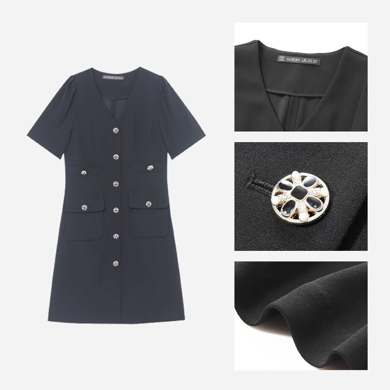 Women's Triacetate Mini Dress Summer Business Casual A Line V-Neck Button Dresses for Wedding Guest Teacher Work