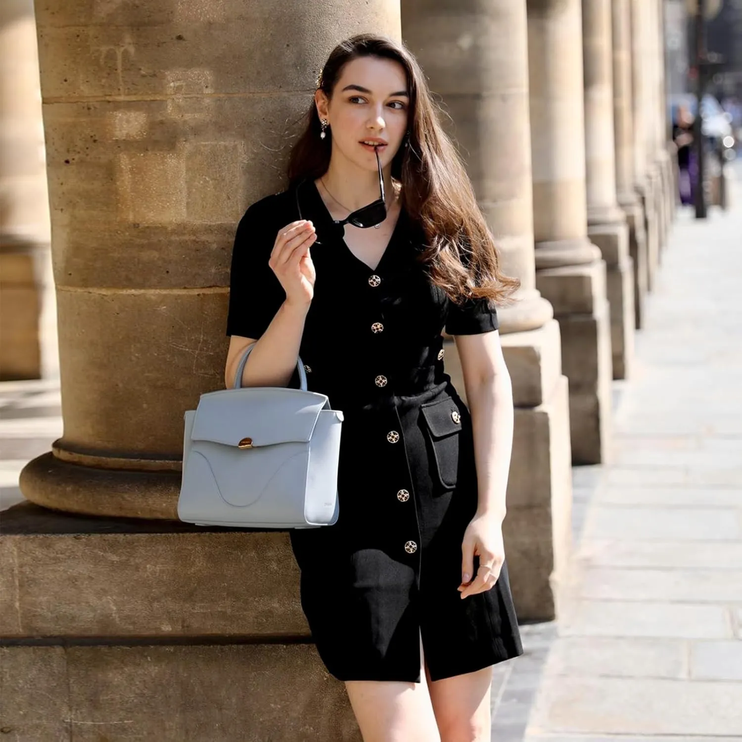 Women's Triacetate Mini Dress Summer Business Casual A Line V-Neck Button Dresses for Wedding Guest Teacher Work