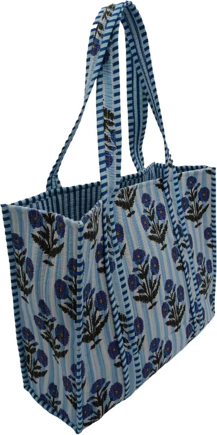 Women's Unique Quilted Large Cotton Fabric Tote Bag Travel Grocery Shopping Weekend Trips with Inside Pocket