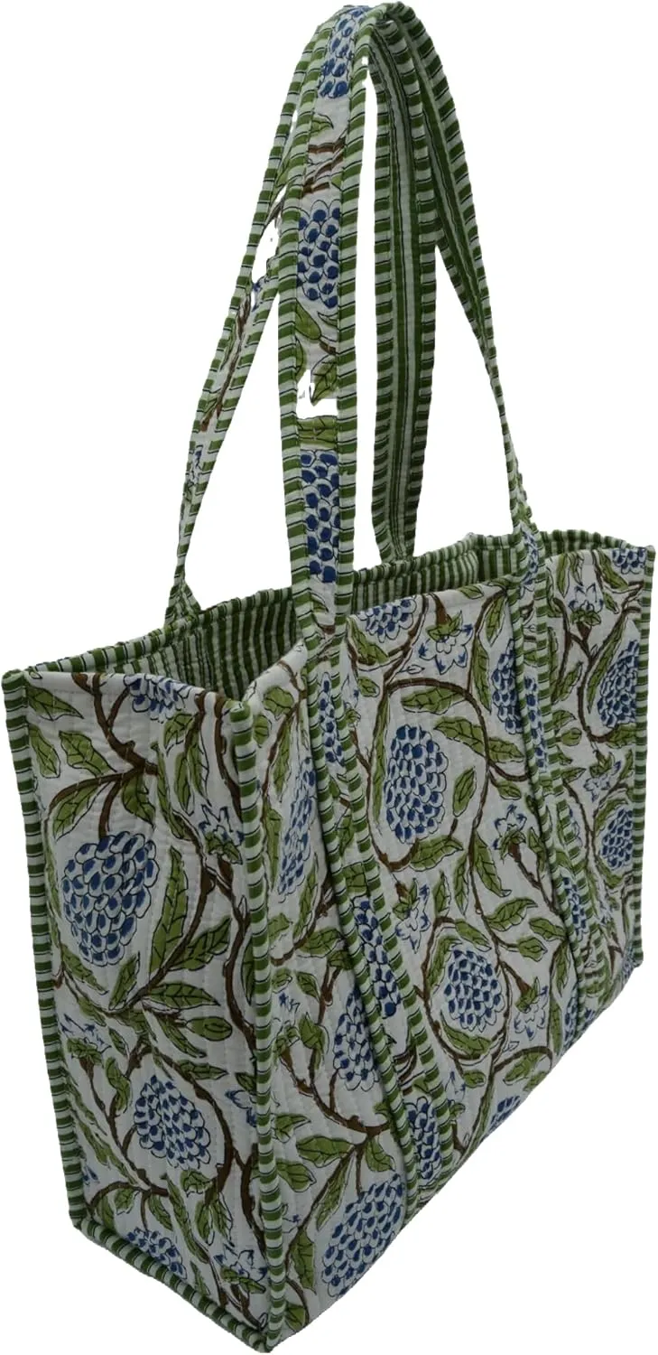 Women's Unique Quilted Large Cotton Fabric Tote Bag Travel Grocery Shopping Weekend Trips with Inside Pocket
