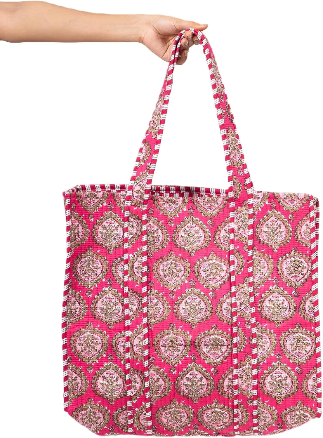 Women's Unique Quilted Large Cotton Fabric Tote Bag Travel Grocery Shopping Weekend Trips with Inside Pocket