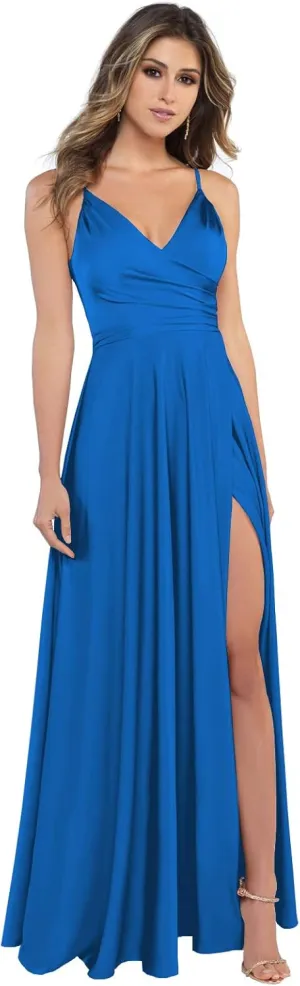 Women's V-Neck Satin Bridesmaid Dresses Long Spaghetti Strap Corset Prom Formal Dress with Slit