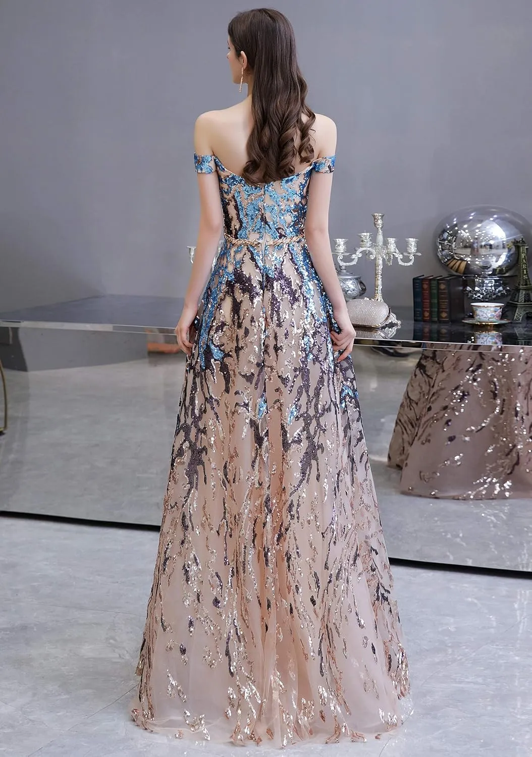 Women's V-Neck Sequins Sleeveless Lace-up Mermaid Evening Dress