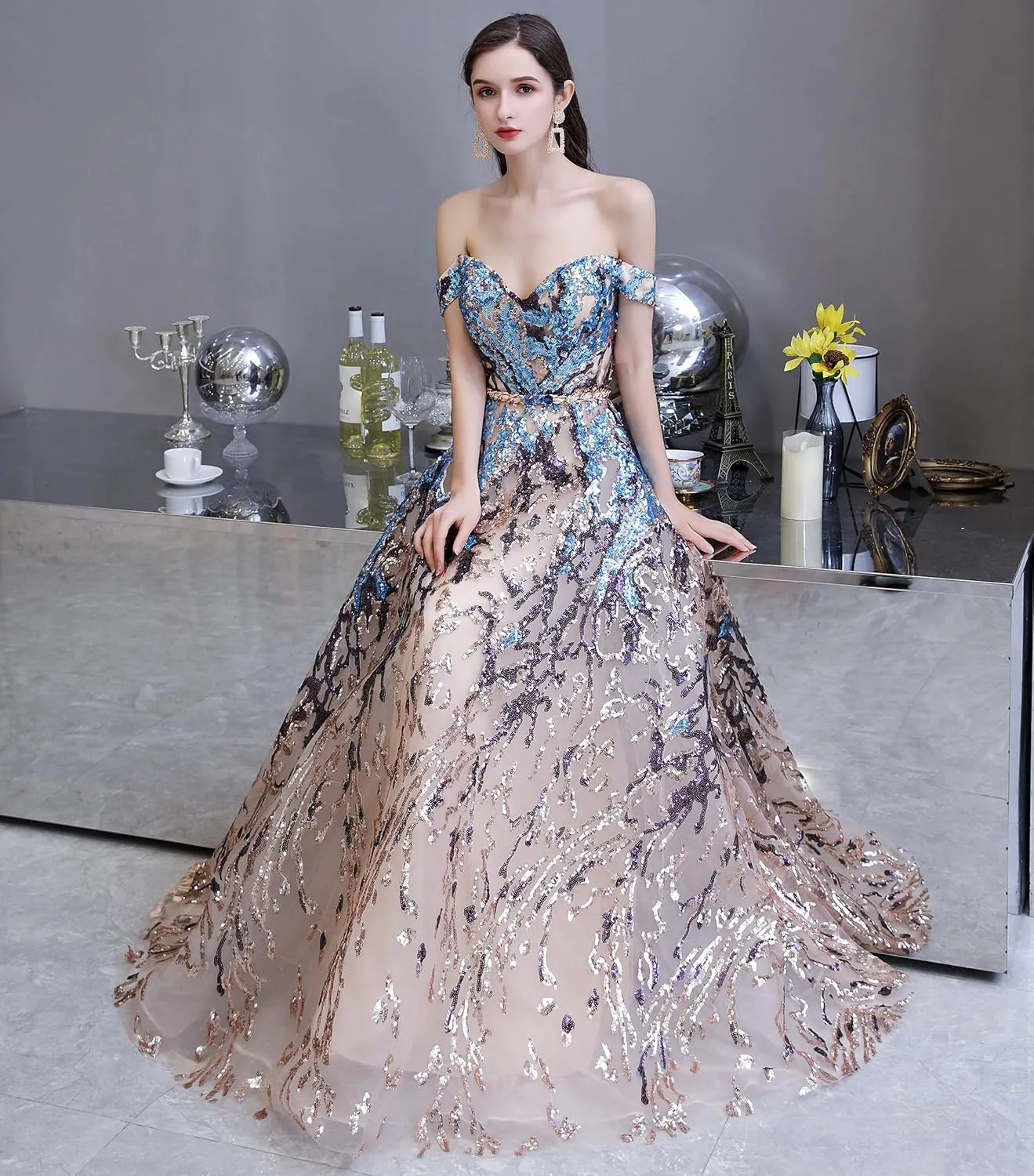 Women's V-Neck Sequins Sleeveless Lace-up Mermaid Evening Dress