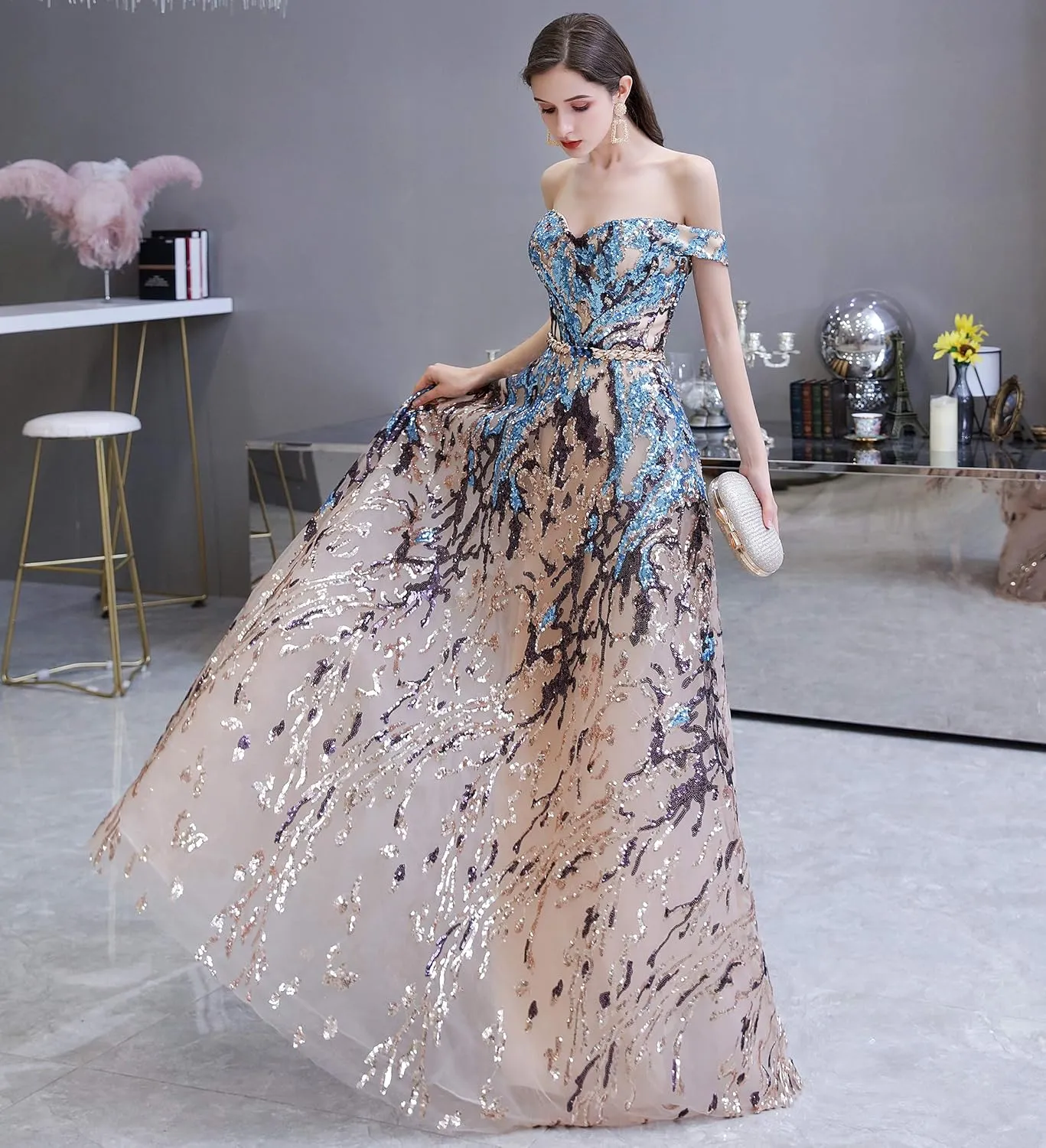 Women's V-Neck Sequins Sleeveless Lace-up Mermaid Evening Dress