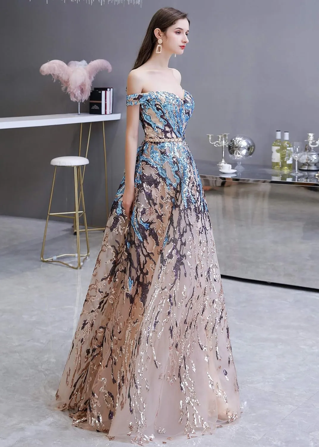 Women's V-Neck Sequins Sleeveless Lace-up Mermaid Evening Dress