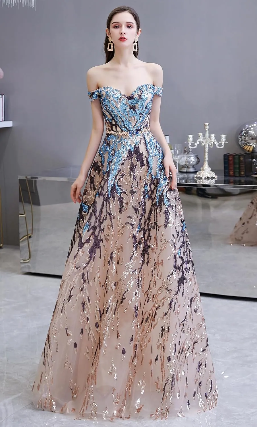 Women's V-Neck Sequins Sleeveless Lace-up Mermaid Evening Dress