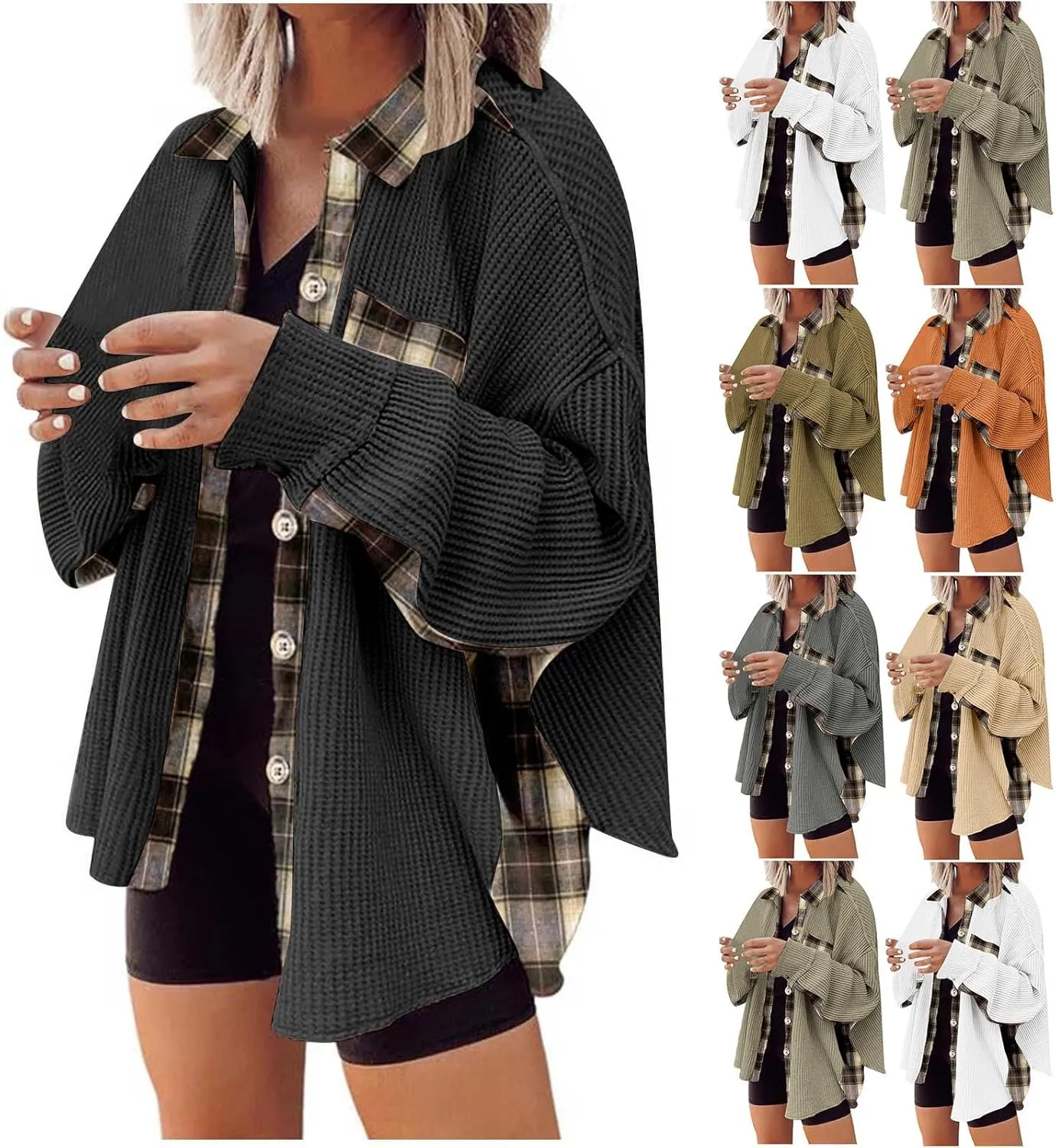 Womens Waffle Knit Shacket Boyfriend Button Down Shirt Jacket Loose Long Sleeve Tops Fall Fashion y2k Clothes
