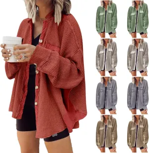 Womens Waffle Knit Shacket Jacket Casual Oversized Long Sleeve Button Down Shirts Fall Outfits 2023 Fashion Clothes