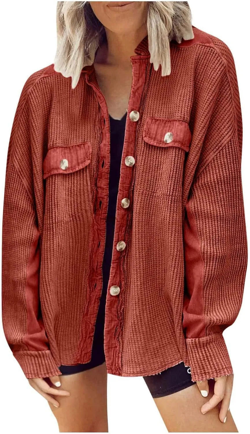 Womens Waffle Knit Shacket Jacket Casual Oversized Long Sleeve Button Down Shirts Fall Outfits 2023 Fashion Clothes