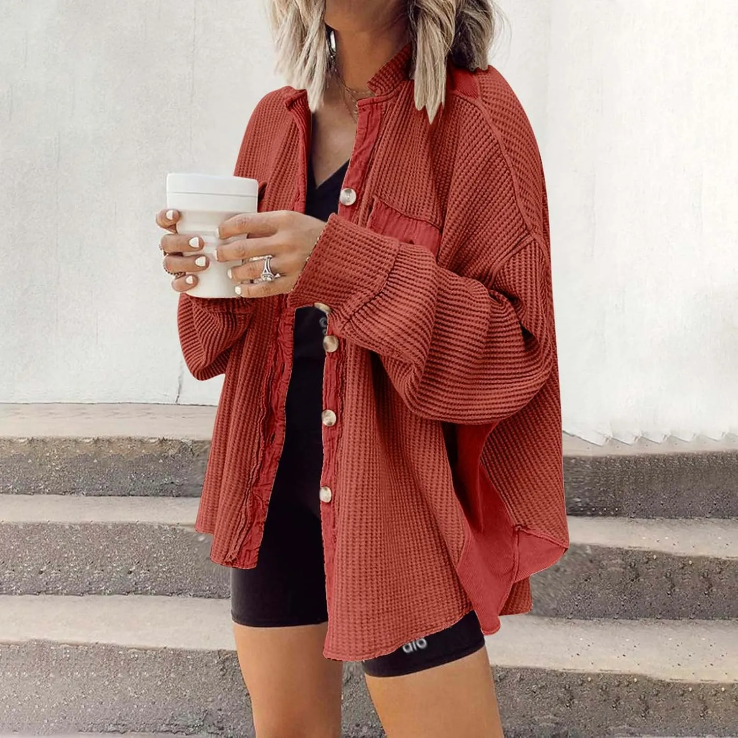 Womens Waffle Knit Shacket Jacket Casual Oversized Long Sleeve Button Down Shirts Fall Outfits 2023 Fashion Clothes