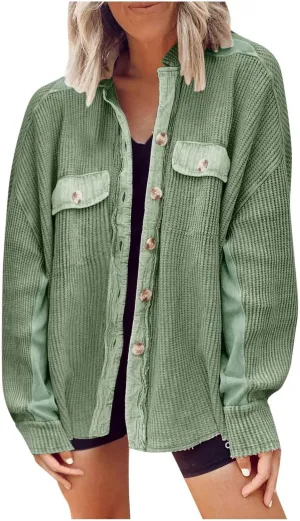 Womens Waffle Knit Shacket Jacket Casual Oversized Long Sleeve Button Down Shirts Fall Outfits 2023 Fashion Clothes