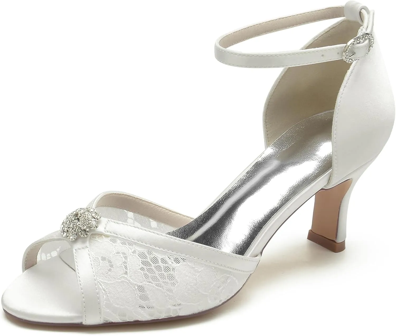 Women's Wedding Shoes Peep Toe Heel Lace Satin Bridal Pumps with Rhinestone Evening Party Dress Sandles