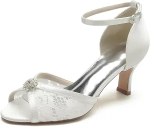 Women's Wedding Shoes Peep Toe Heel Lace Satin Bridal Pumps with Rhinestone Evening Party Dress Sandles