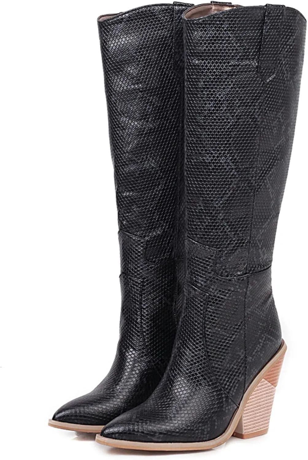 Women's Wedge Snakeskin Knee High Boots Stacked Chunky High Heels Tall Cowgirl Boots Pointy Toe Western Cowboy Boots