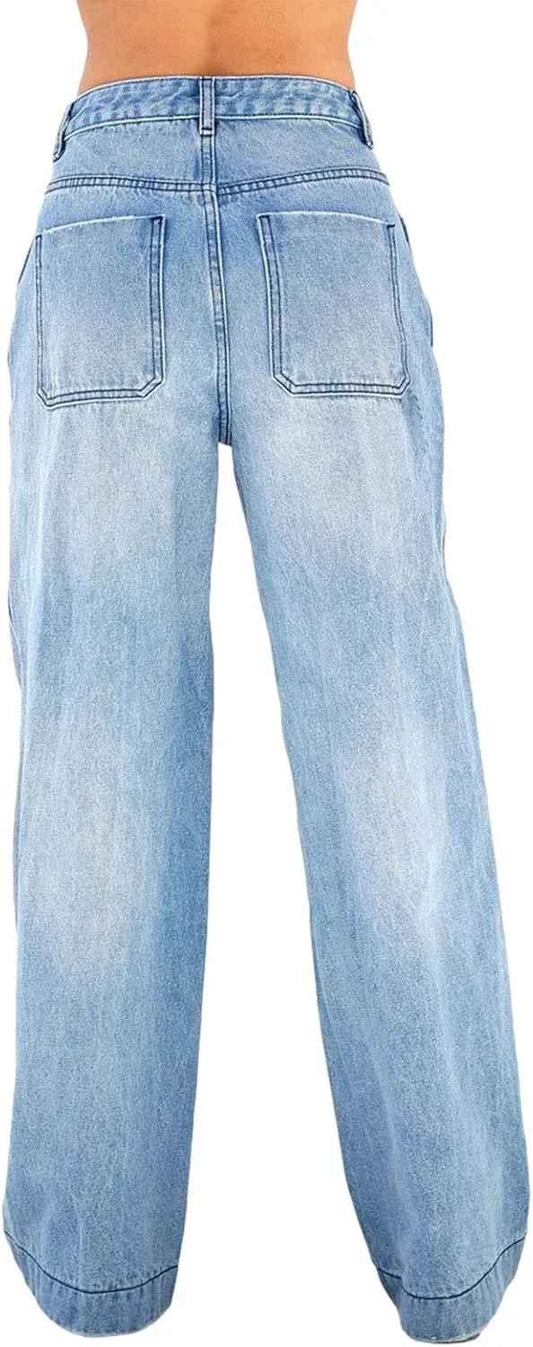 Women's Wide Leg Boyfriend Jeans - Straight Leg Denim Pants - Low Rise Baggy Casual Loose Jeans