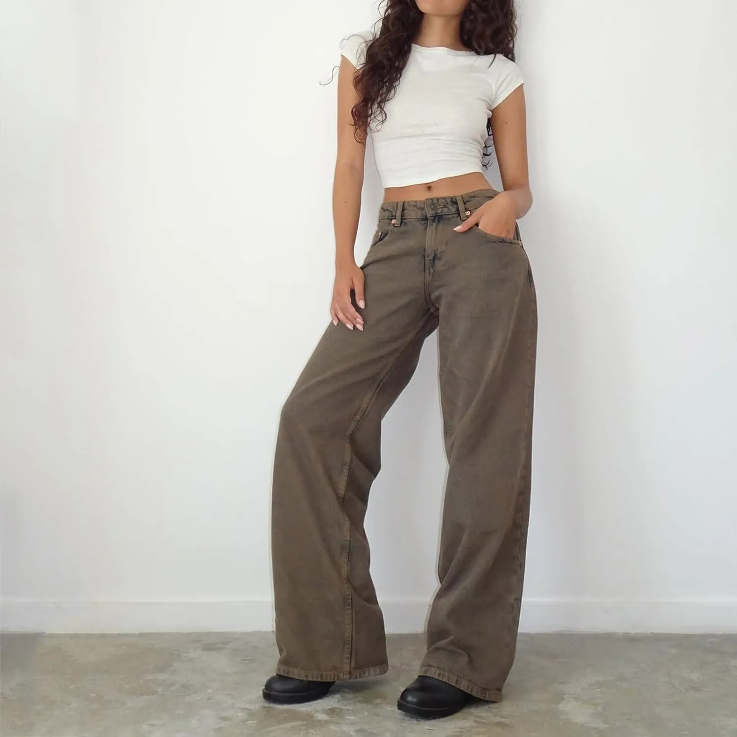 Women's Wide Leg Boyfriend Jeans - Straight Leg Denim Pants - Low Rise Baggy Casual Loose Jeans
