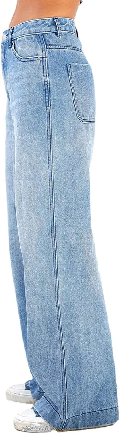 Women's Wide Leg Boyfriend Jeans - Straight Leg Denim Pants - Low Rise Baggy Casual Loose Jeans