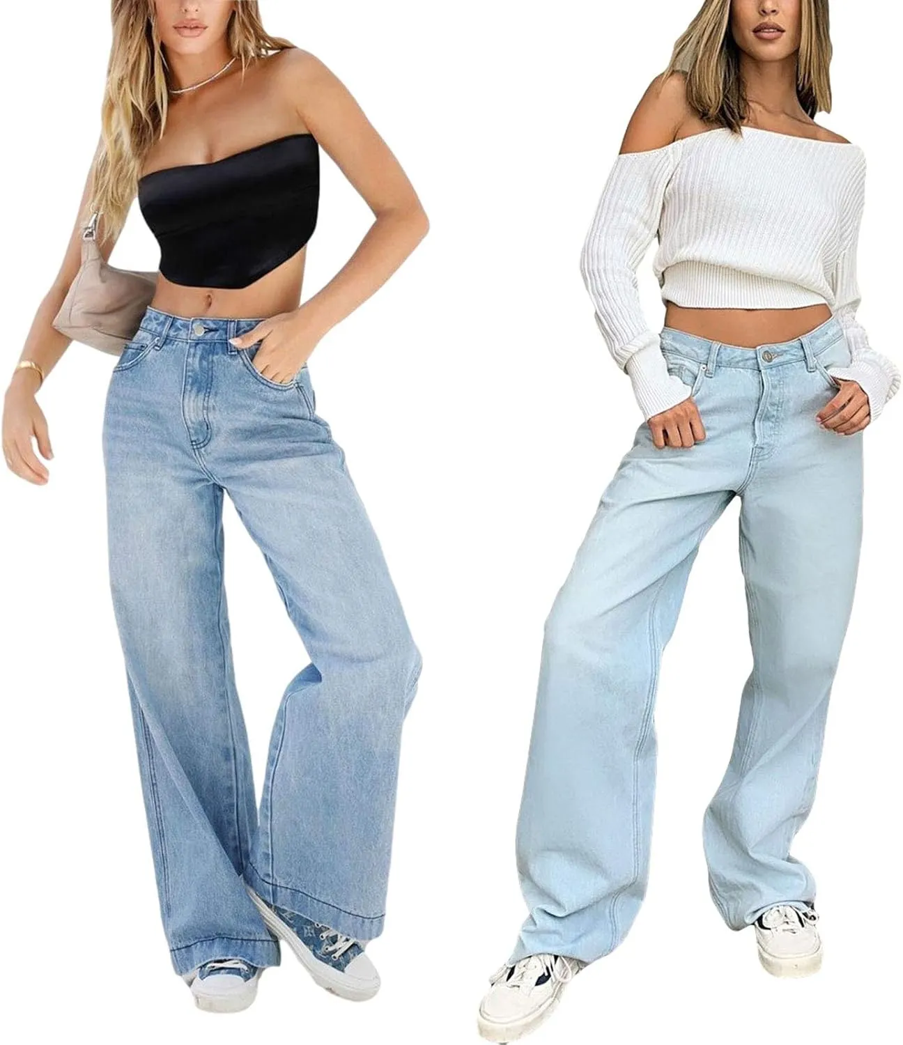 Women's Wide Leg Boyfriend Jeans - Straight Leg Denim Pants - Low Rise Baggy Casual Loose Jeans