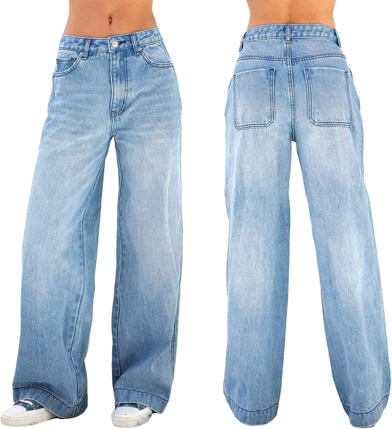 Women's Wide Leg Boyfriend Jeans - Straight Leg Denim Pants - Low Rise Baggy Casual Loose Jeans