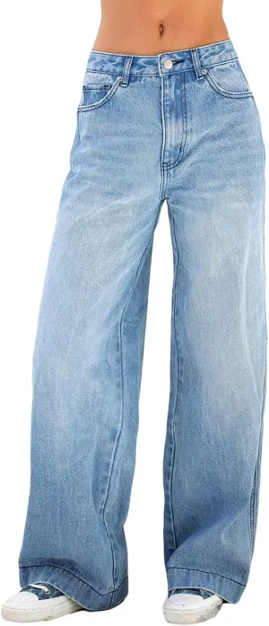 Women's Wide Leg Boyfriend Jeans - Straight Leg Denim Pants - Low Rise Baggy Casual Loose Jeans