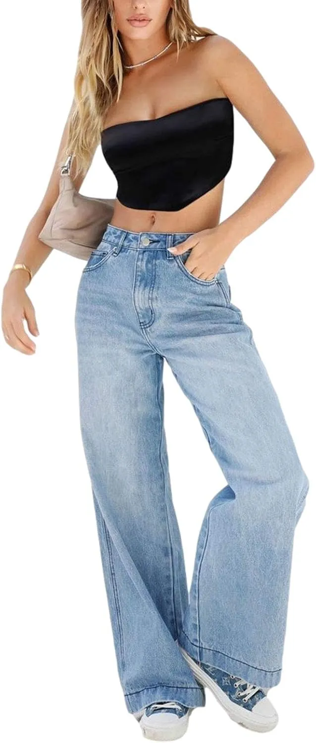 Women's Wide Leg Boyfriend Jeans - Straight Leg Denim Pants - Low Rise Baggy Casual Loose Jeans