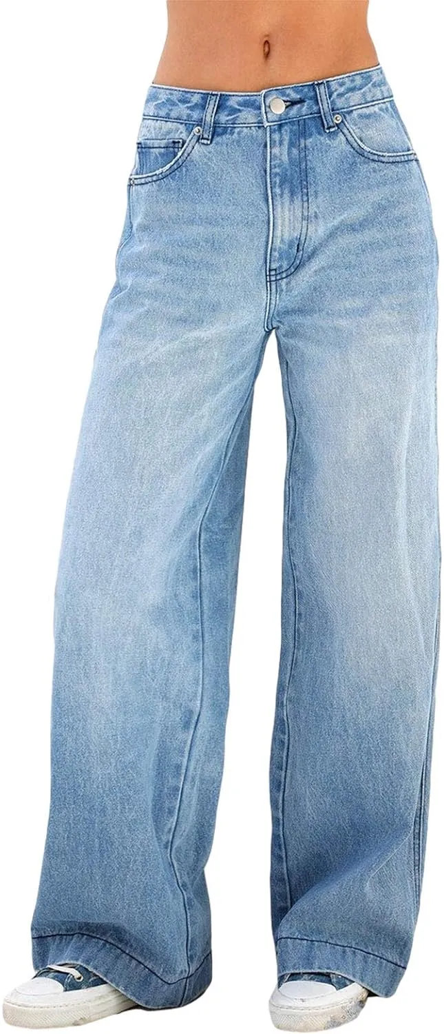 Women's Wide Leg Boyfriend Jeans - Straight Leg Denim Pants - Low Rise Baggy Casual Loose Jeans
