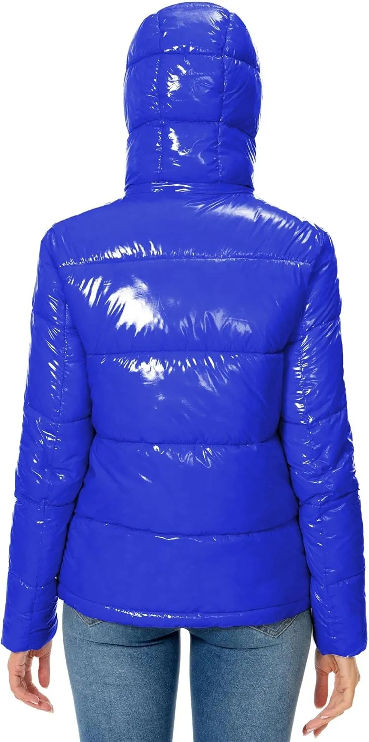 Women's Winter Hooded Shiny Puffer Jacket Casual Warm Quilted Full Zip Short Bubble Padded Coat