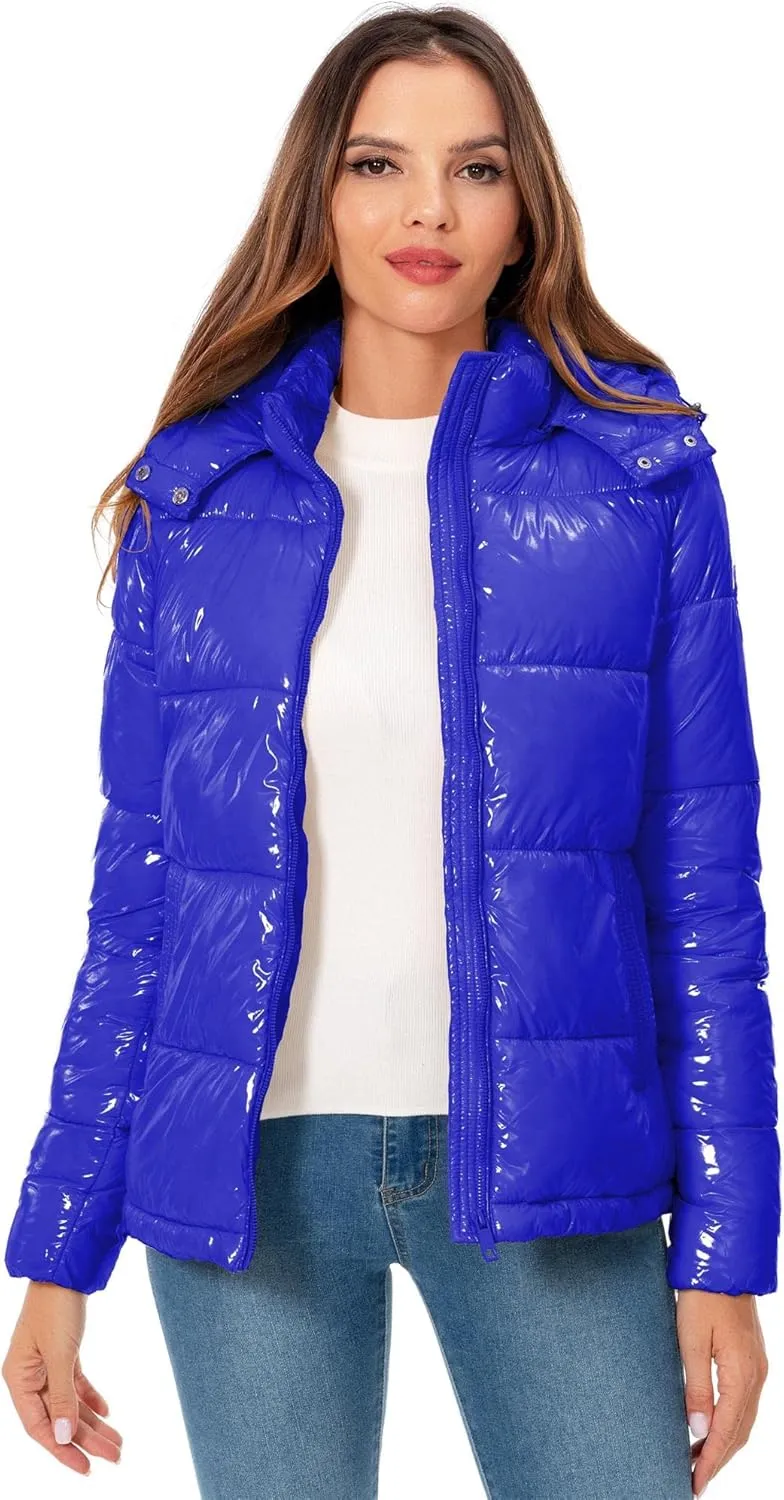 Women's Winter Hooded Shiny Puffer Jacket Casual Warm Quilted Full Zip Short Bubble Padded Coat