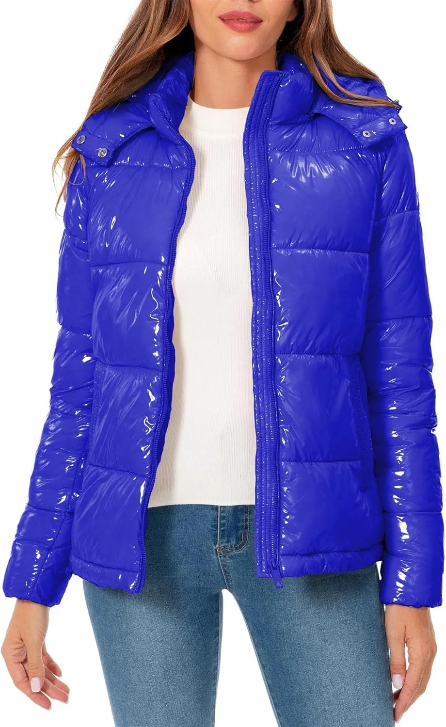 Women's Winter Hooded Shiny Puffer Jacket Casual Warm Quilted Full Zip Short Bubble Padded Coat