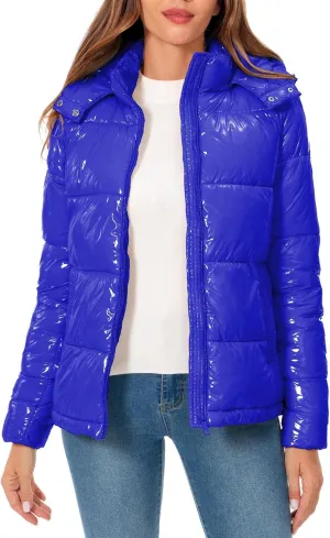 Women's Winter Hooded Shiny Puffer Jacket Casual Warm Quilted Full Zip Short Bubble Padded Coat
