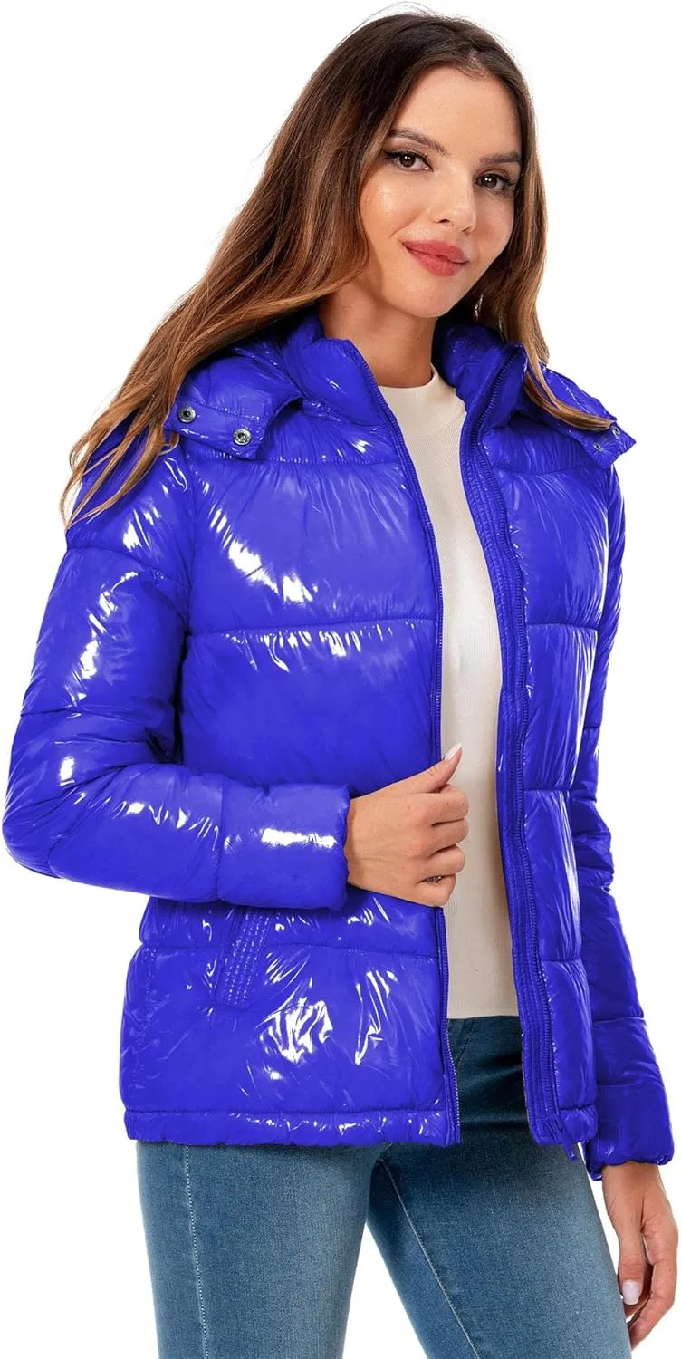 Women's Winter Hooded Shiny Puffer Jacket Casual Warm Quilted Full Zip Short Bubble Padded Coat