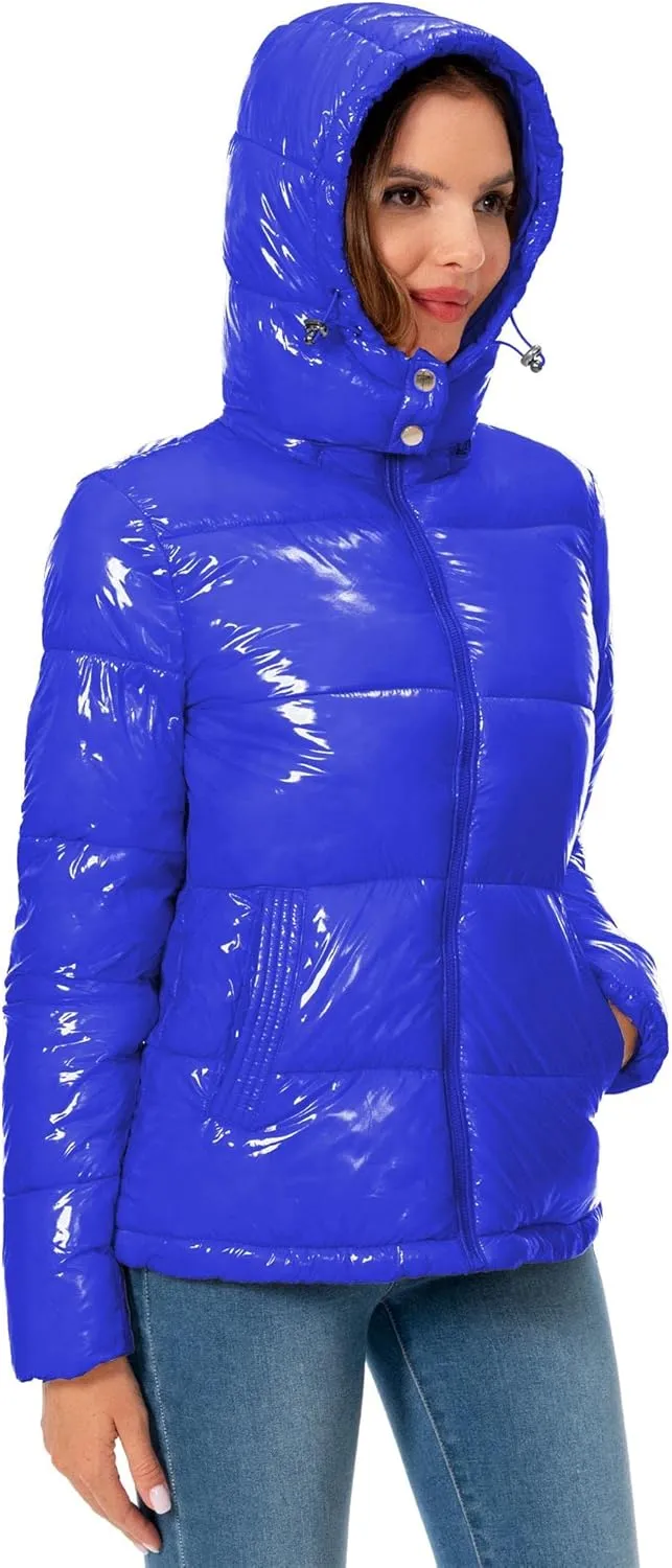 Women's Winter Hooded Shiny Puffer Jacket Casual Warm Quilted Full Zip Short Bubble Padded Coat