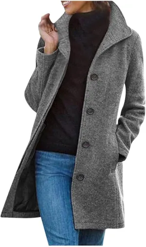 Womens Winter Wool Blend Pea Coat Single Breasted Warming Stand Collar Casual Trench Coat Thickened Overcoat Pea Coat