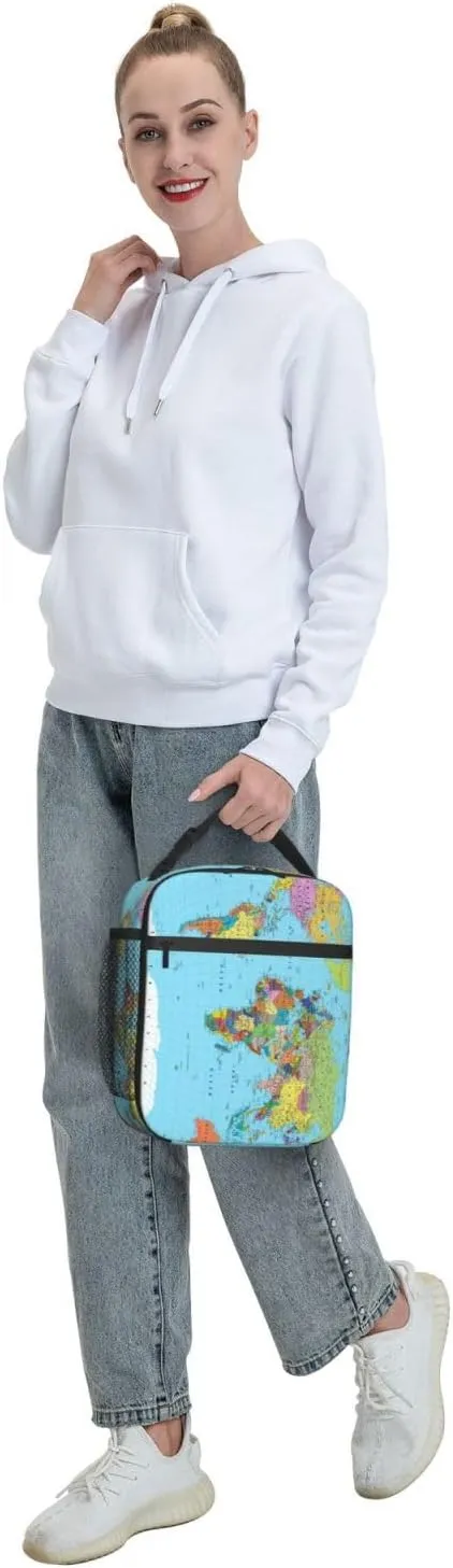 World Map Reusable Lunch Box Insulation Lunch Bag Containers Tote Handbag Ice Packs For Women Men Teens Girls